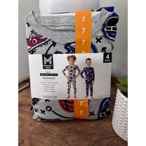 Member's Mark Boys Organic Cotton Pajamas 4 Piece Set Size 7 Sports Popcorn NEW